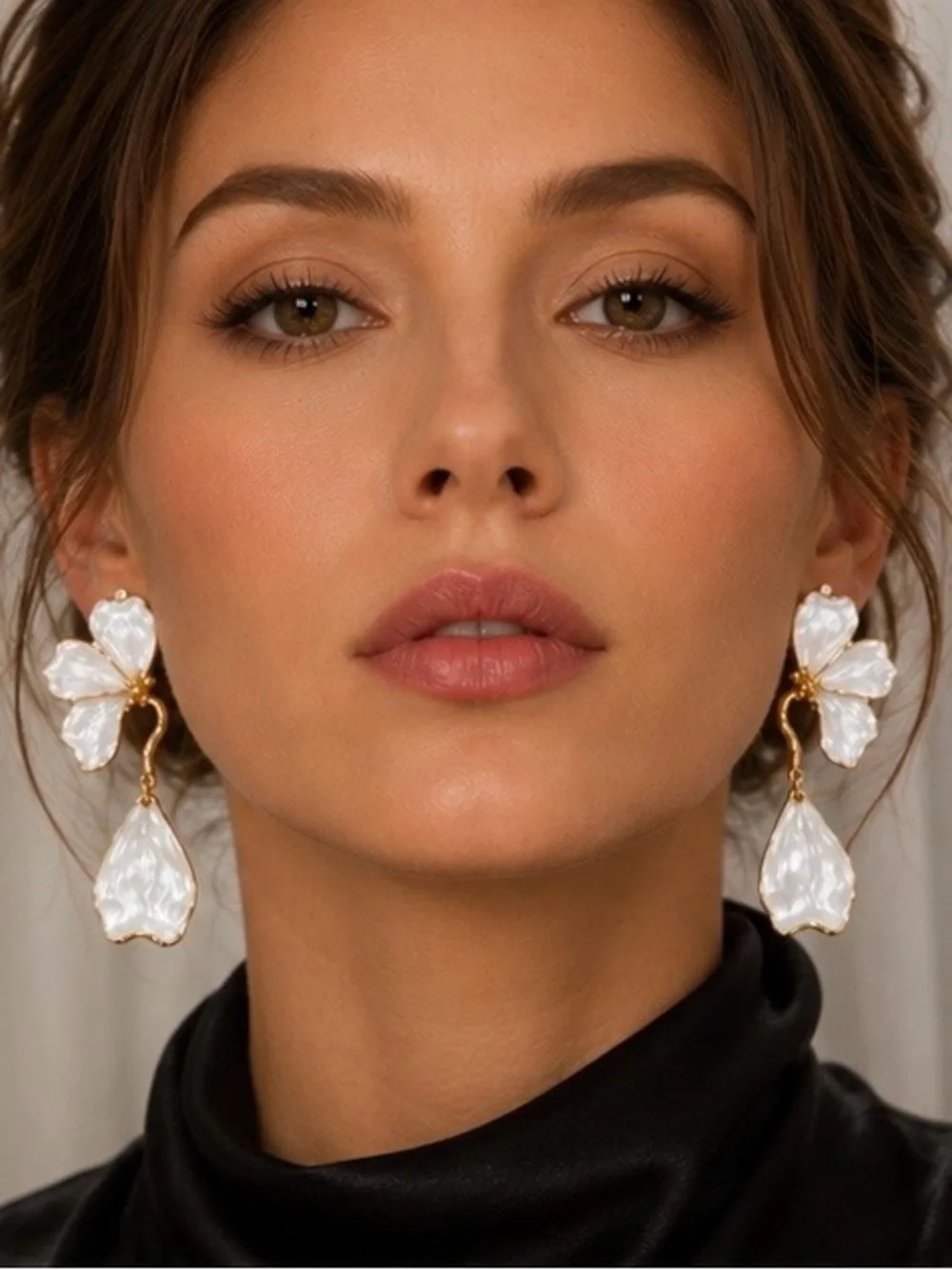 Gold & White Floral Drop Earrings - Elegant Pearlized Petal Design NWOT